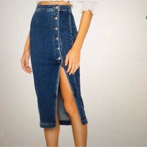Free Women's Ultra High Waist Side Button Slit Denim Pencil Midi Skirt Size 0